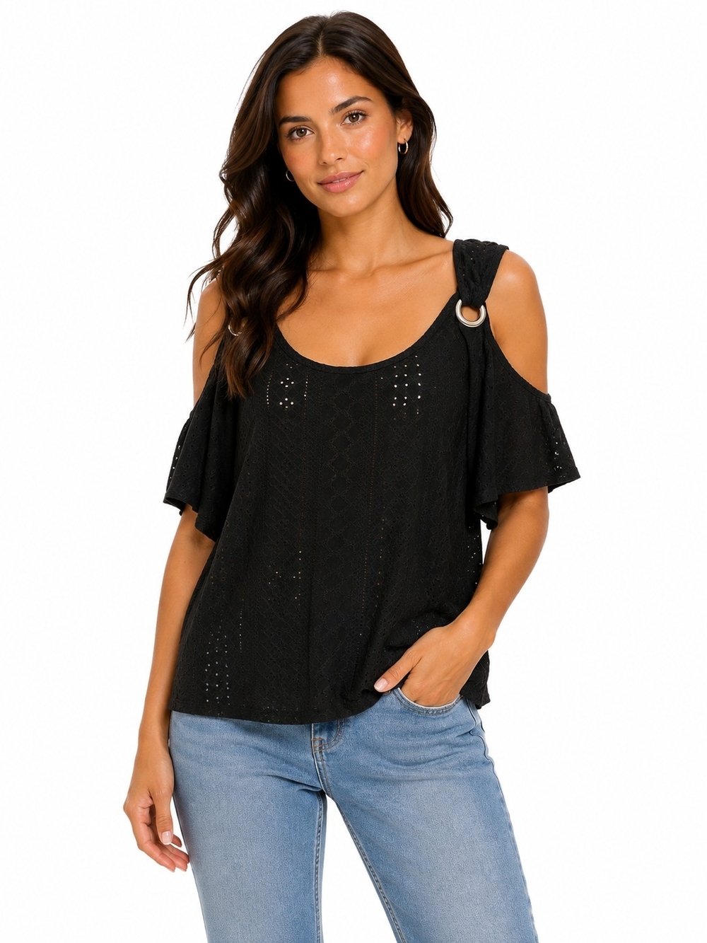 Cold-Shoulder Eyelet Knit Top - Black